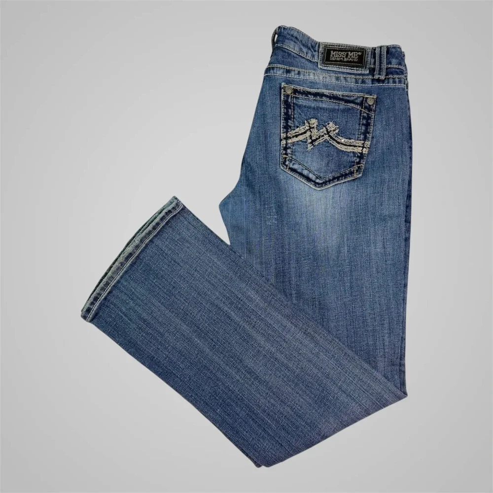 Miss Me Bootcut Jeans Medium Wash‎ Embroidered Rhinestone Pockets Size 36x33
